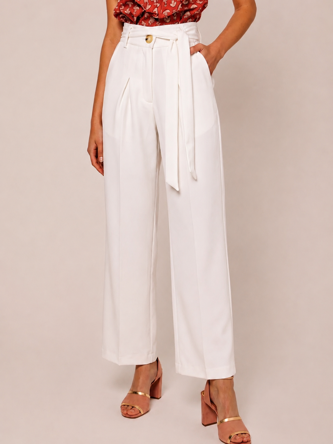 Women White Pleated Wide Leg Paperbag Waist Trousers