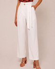 Women White Pleated Wide Leg Paperbag Waist Trousers