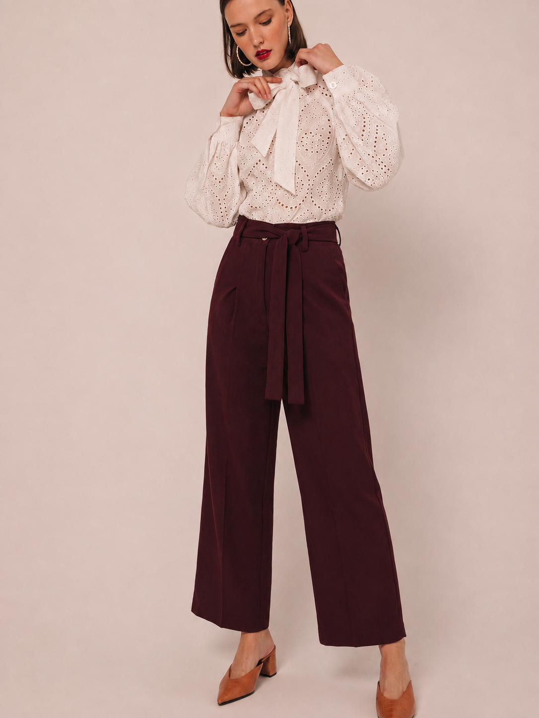 Women Maroon Pleated Wide Leg Paperbag Waist Trousers