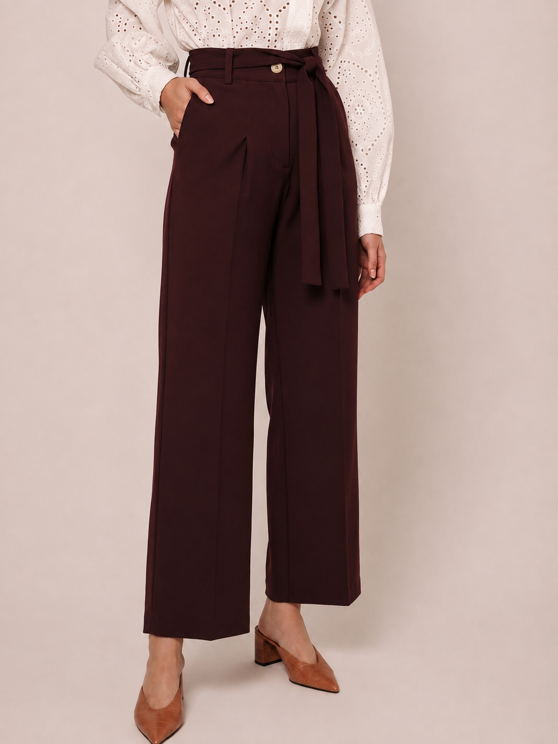 Women Maroon Pleated Wide Leg Paperbag Waist Trousers
