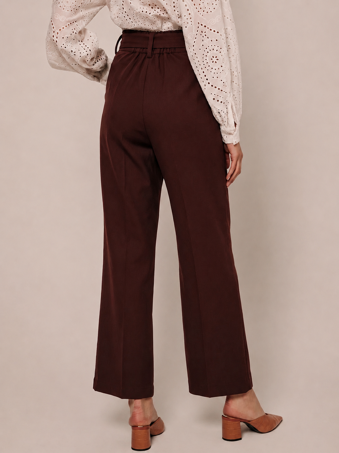 Women Maroon Pleated Wide Leg Paperbag Waist Trousers