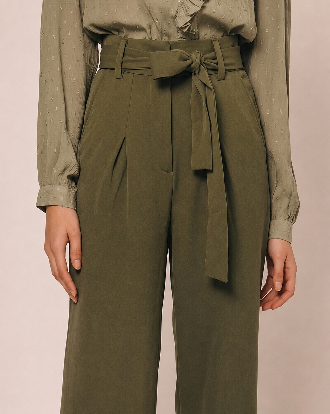 Women Olive Pleated Wide Leg Paperbag Waist Trousers