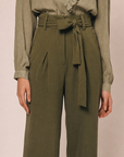 Women Olive Pleated Wide Leg Paperbag Waist Trousers