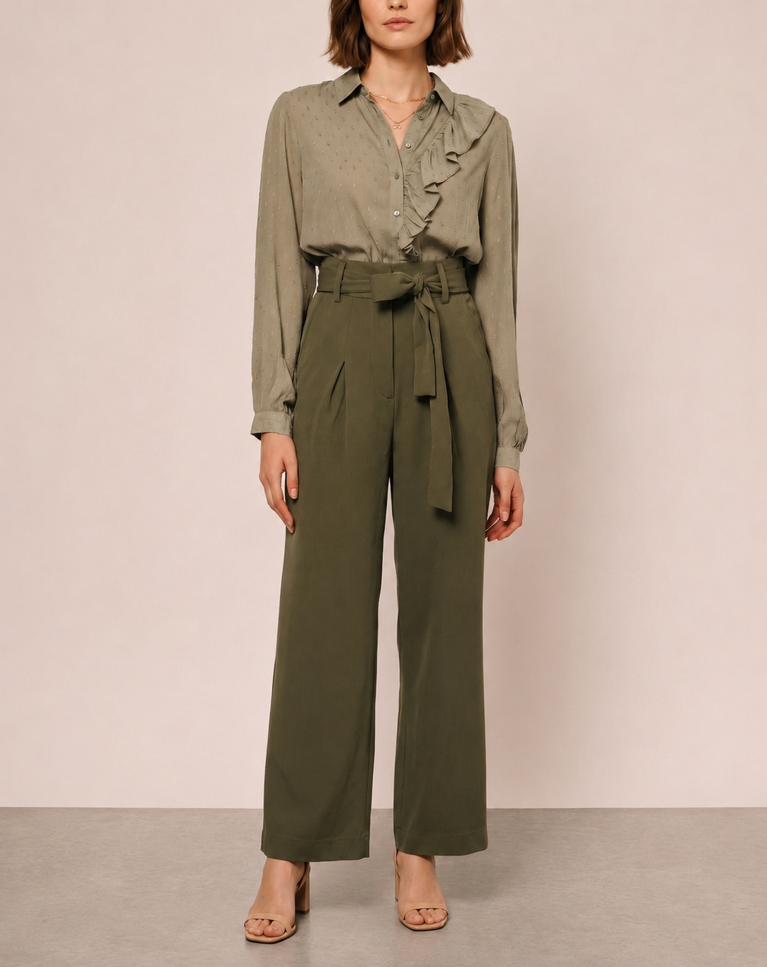 Women Olive Pleated Wide Leg Paperbag Waist Trousers