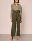 Women Olive Pleated Wide Leg Paperbag Waist Trousers