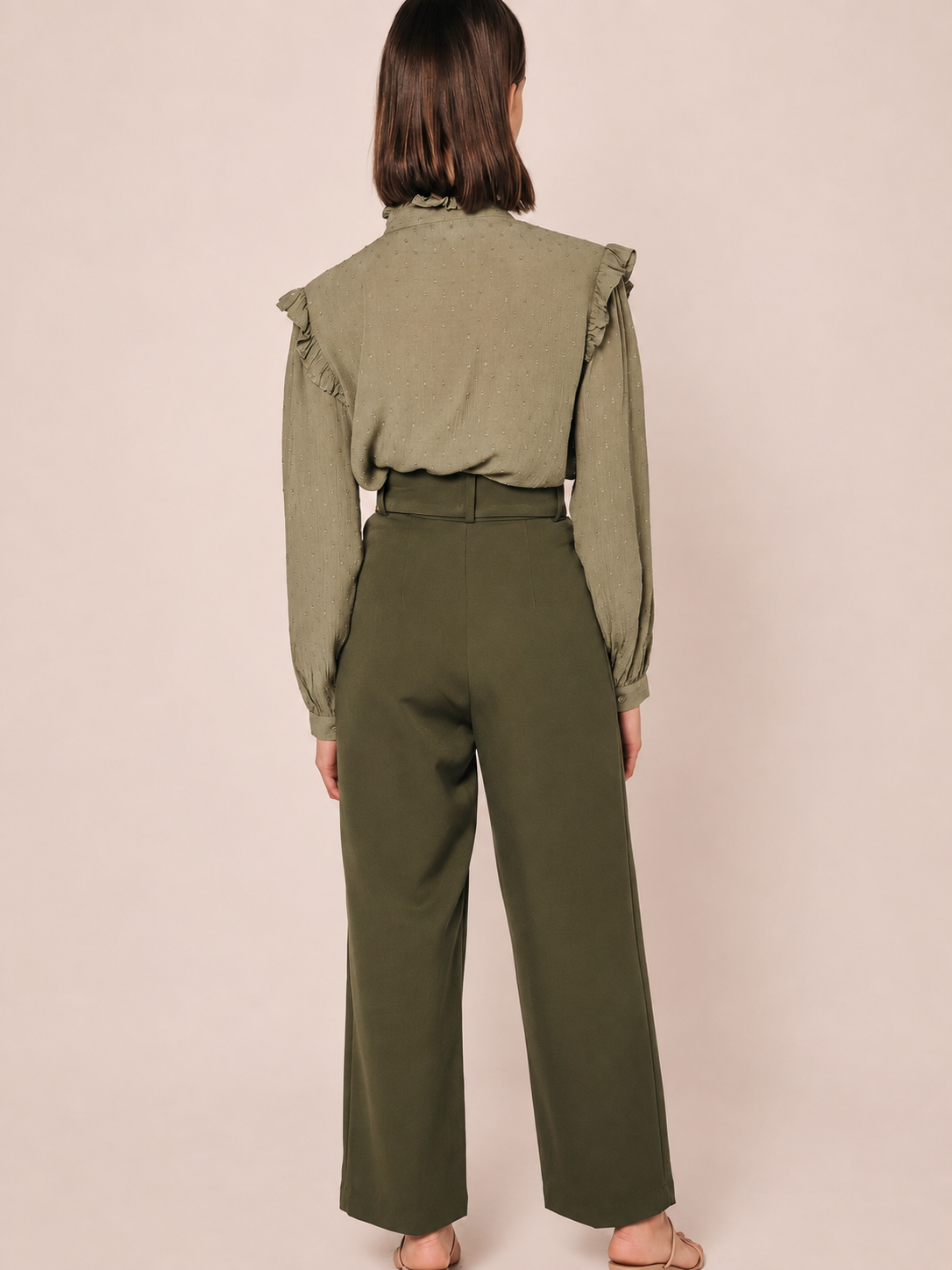 Women Olive Pleated Wide Leg Paperbag Waist Trousers