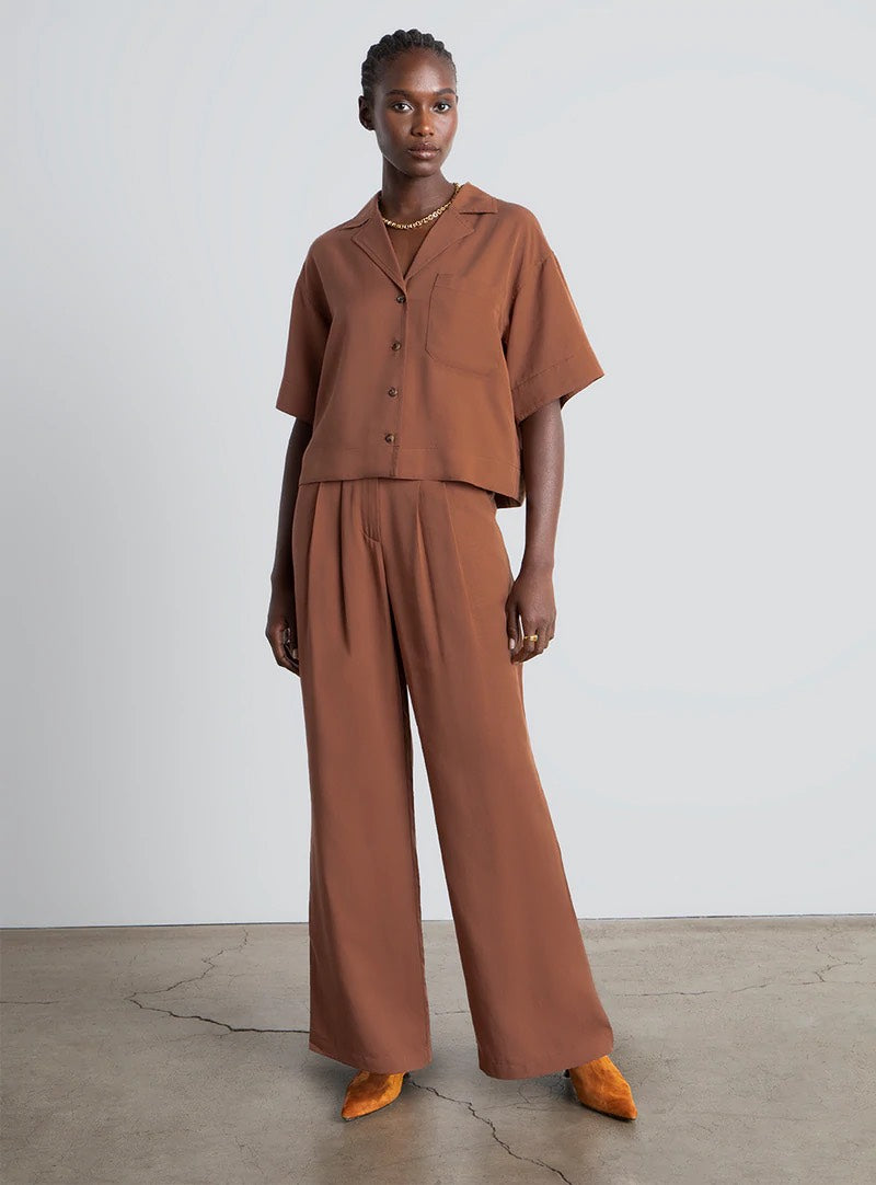 Women Rust Pleated Wide Leg Trousers with Belt Loops