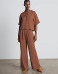 Women Rust Pleated Wide Leg Trousers with Belt Loops