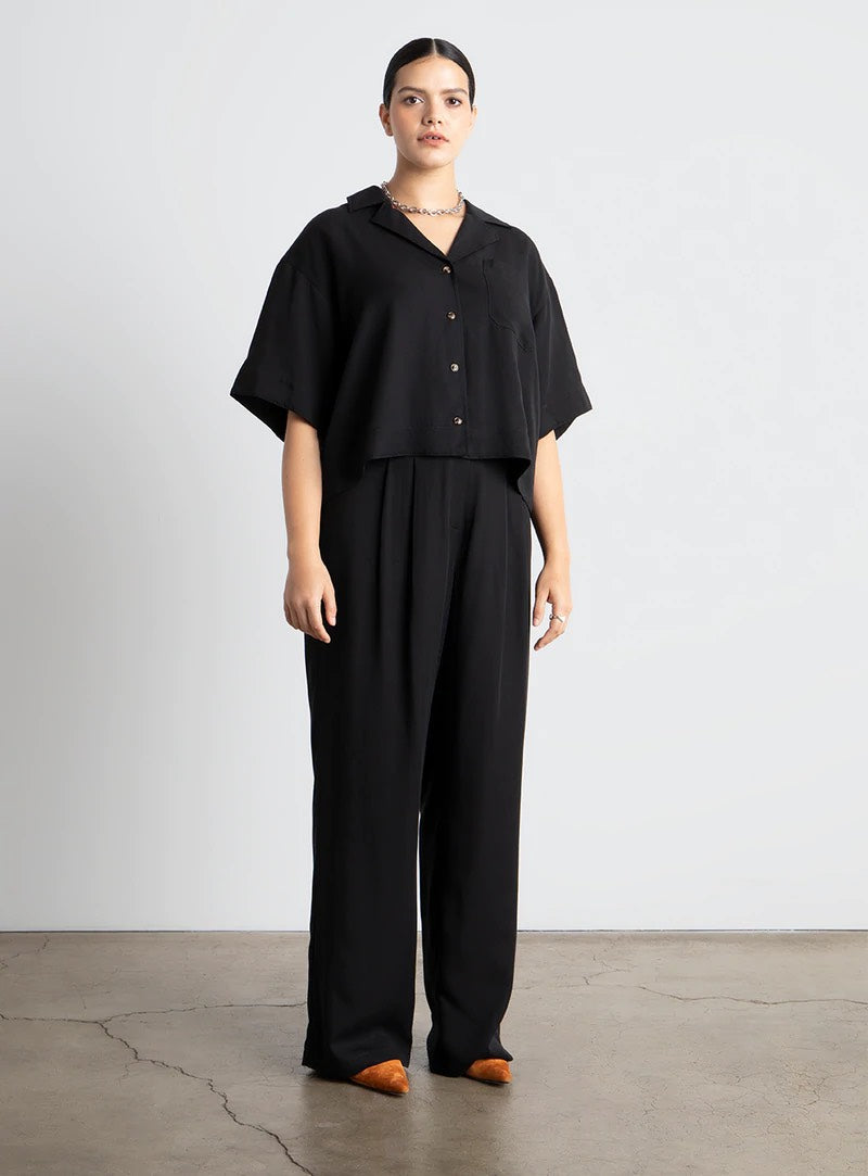 Women Black Pleated Wide Leg Trousers with Belt Loops