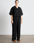 Women Black Pleated Wide Leg Trousers with Belt Loops