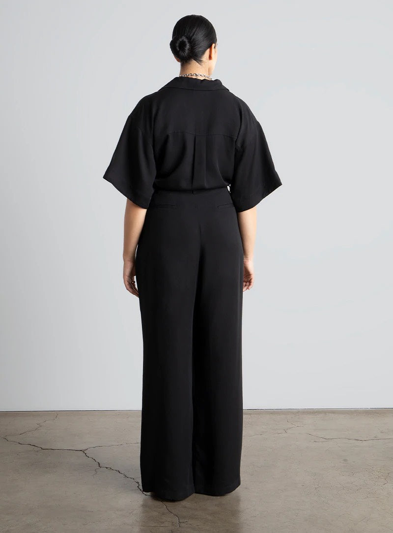 Women Black Pleated Wide Leg Trousers with Belt Loops