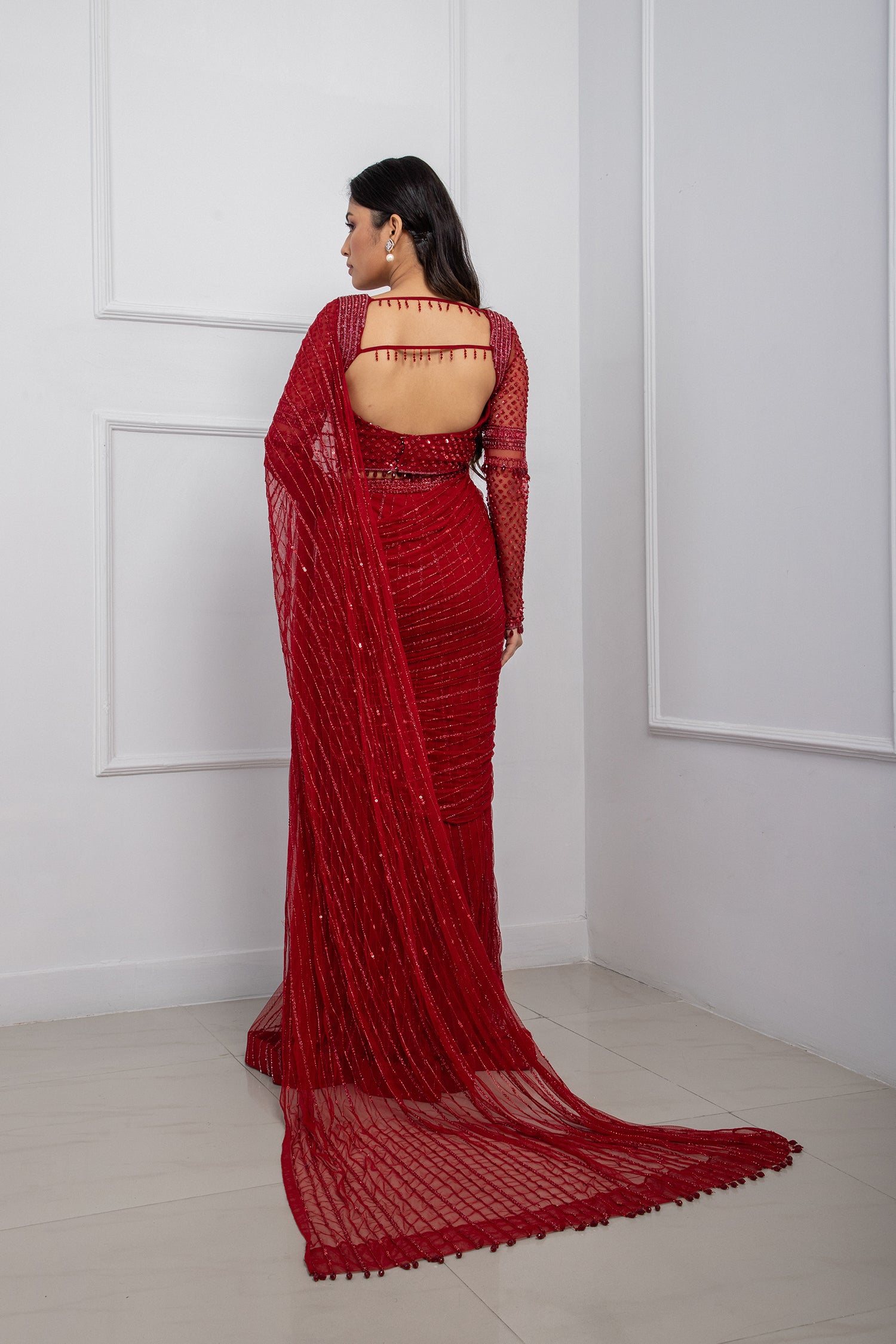 Ruby Red Embellished Drape Saree Set