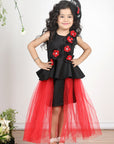 Black N Red Dress with 3D Flowers and Net Detailing
