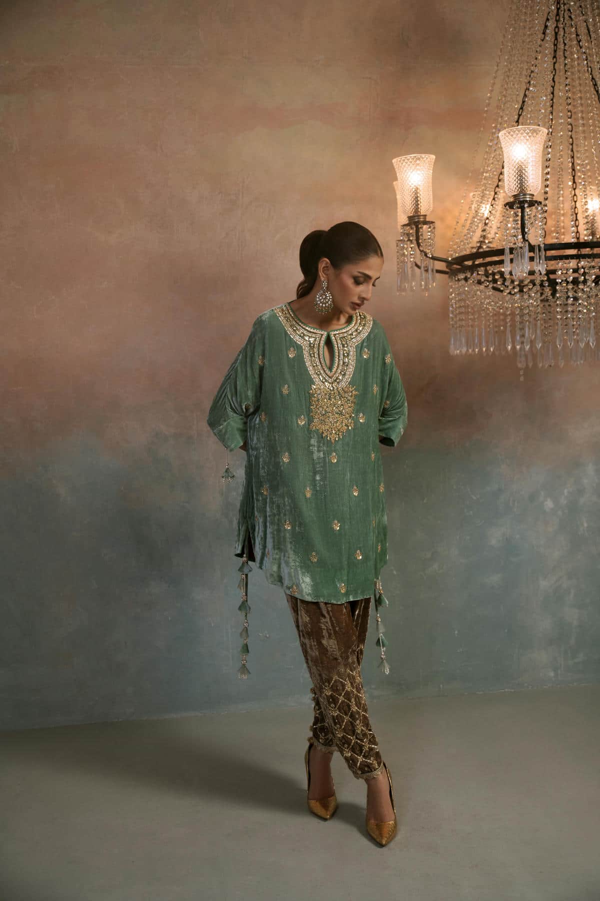 Aqua Mist Velvet Embroidered Co-ord Set
