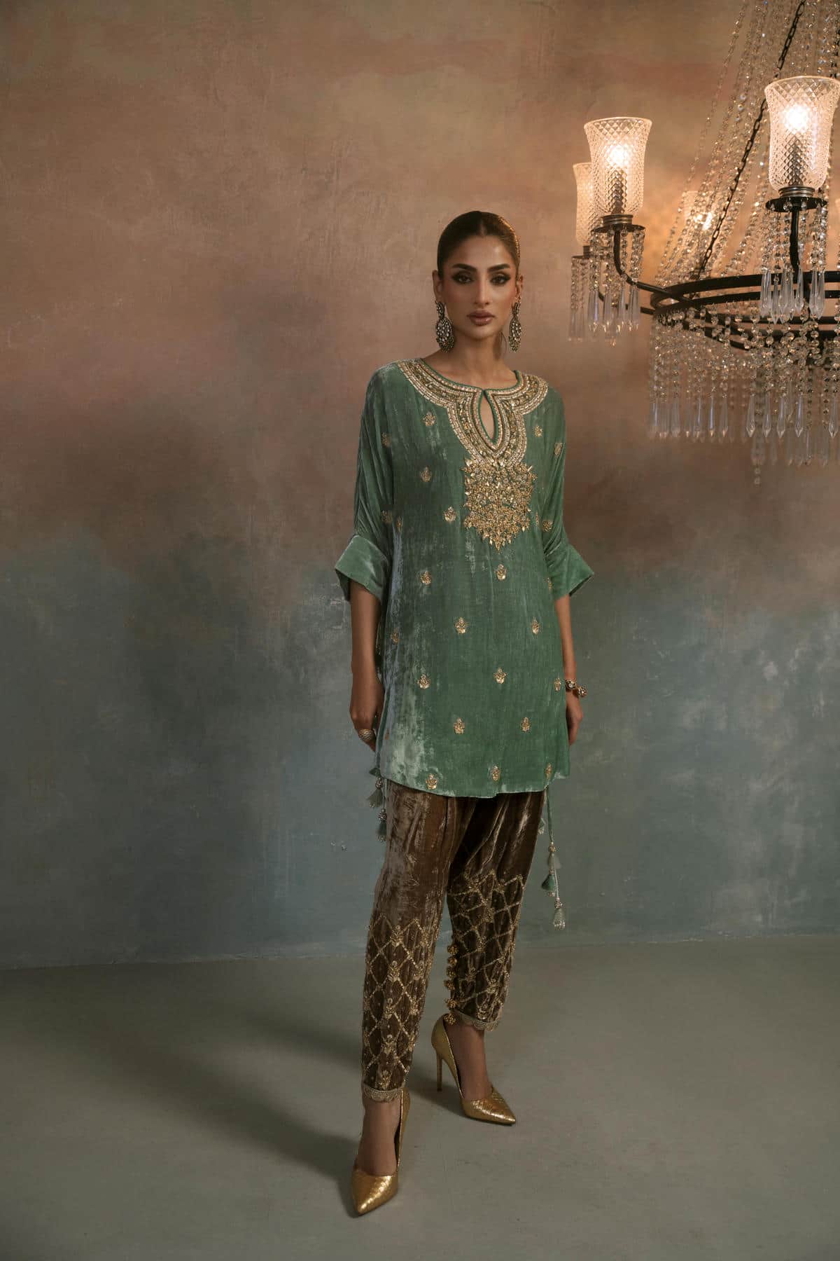 Aqua Mist Velvet Embroidered Co-ord Set