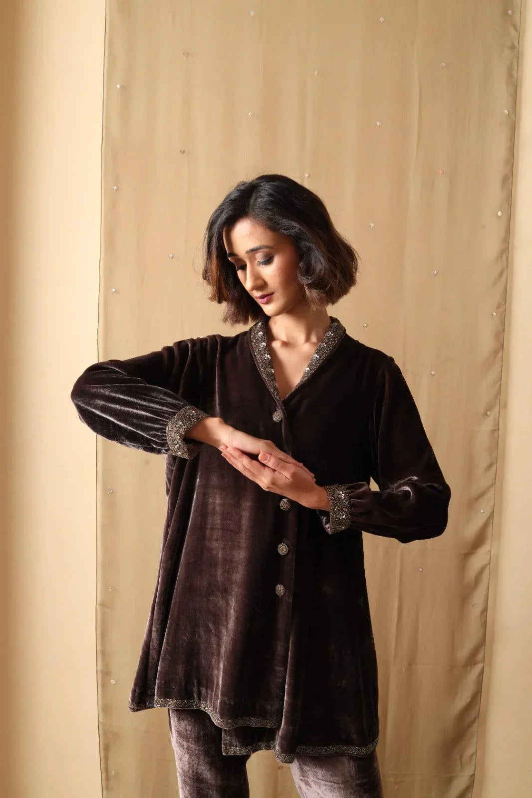Mocha Luxe Embellished Velvet Co-ord Set
