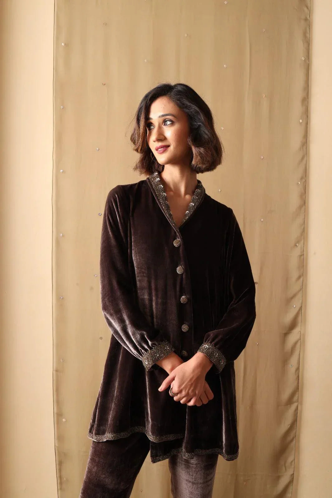 Mocha Luxe Embellished Velvet Co-ord Set