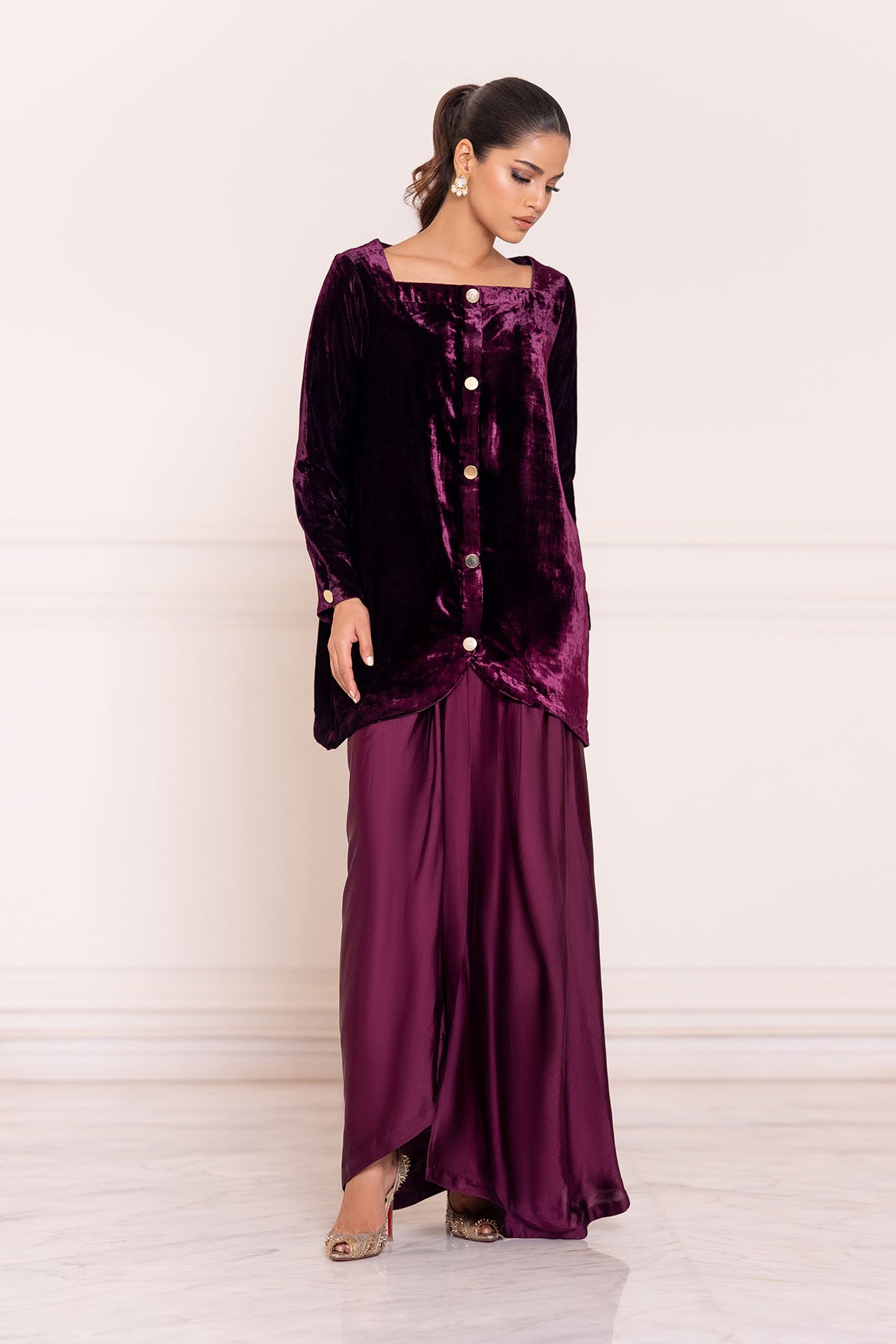 Plum Luxe Velvet Kurta &amp; Draped Pant Set