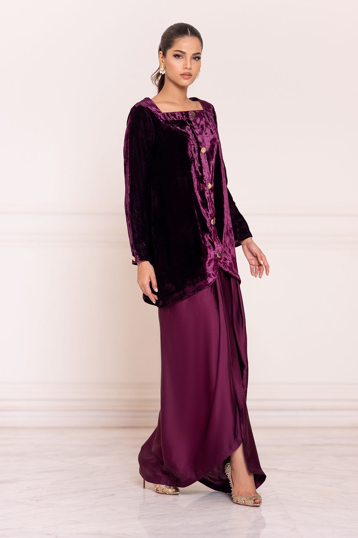 Plum Luxe Velvet Kurta &amp; Draped Pant Set