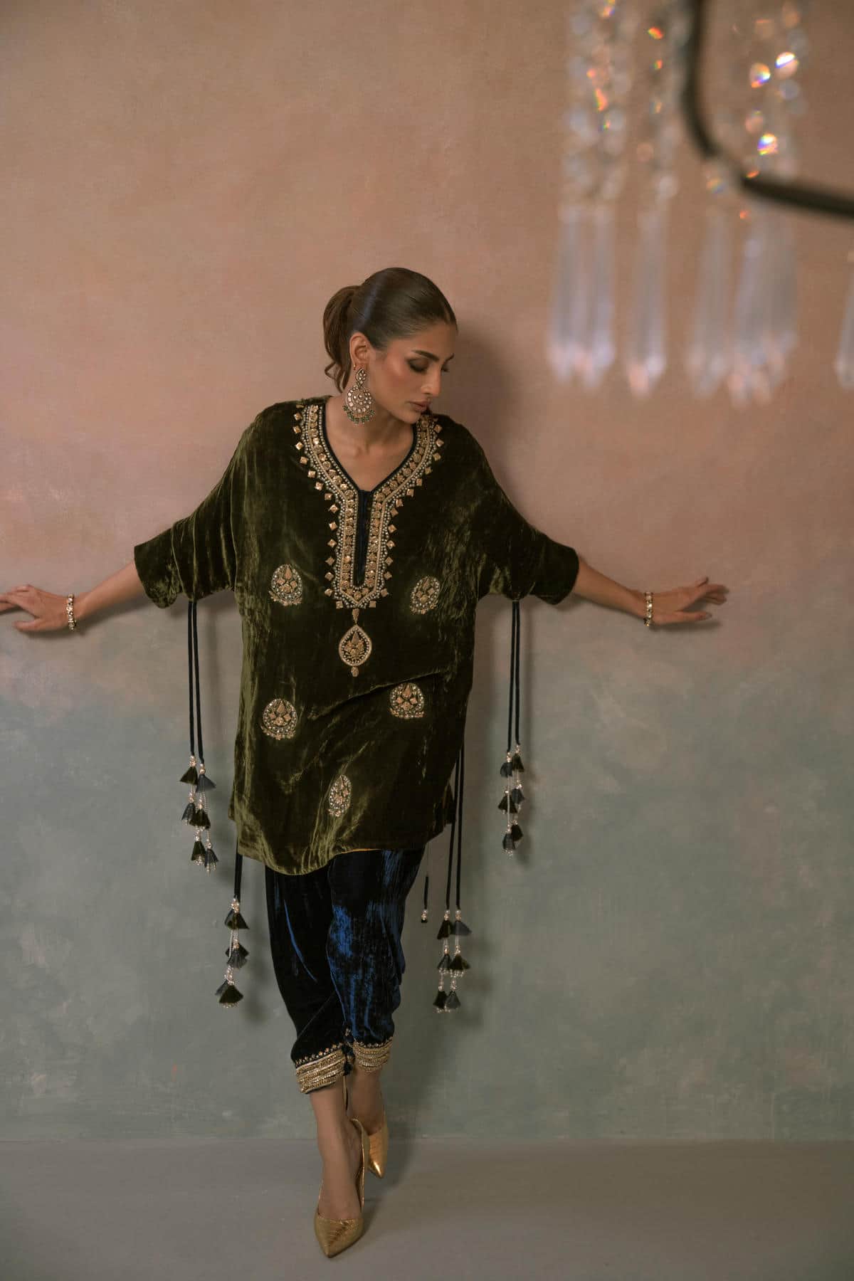 Olive Opulence Embroidered Velvet Set