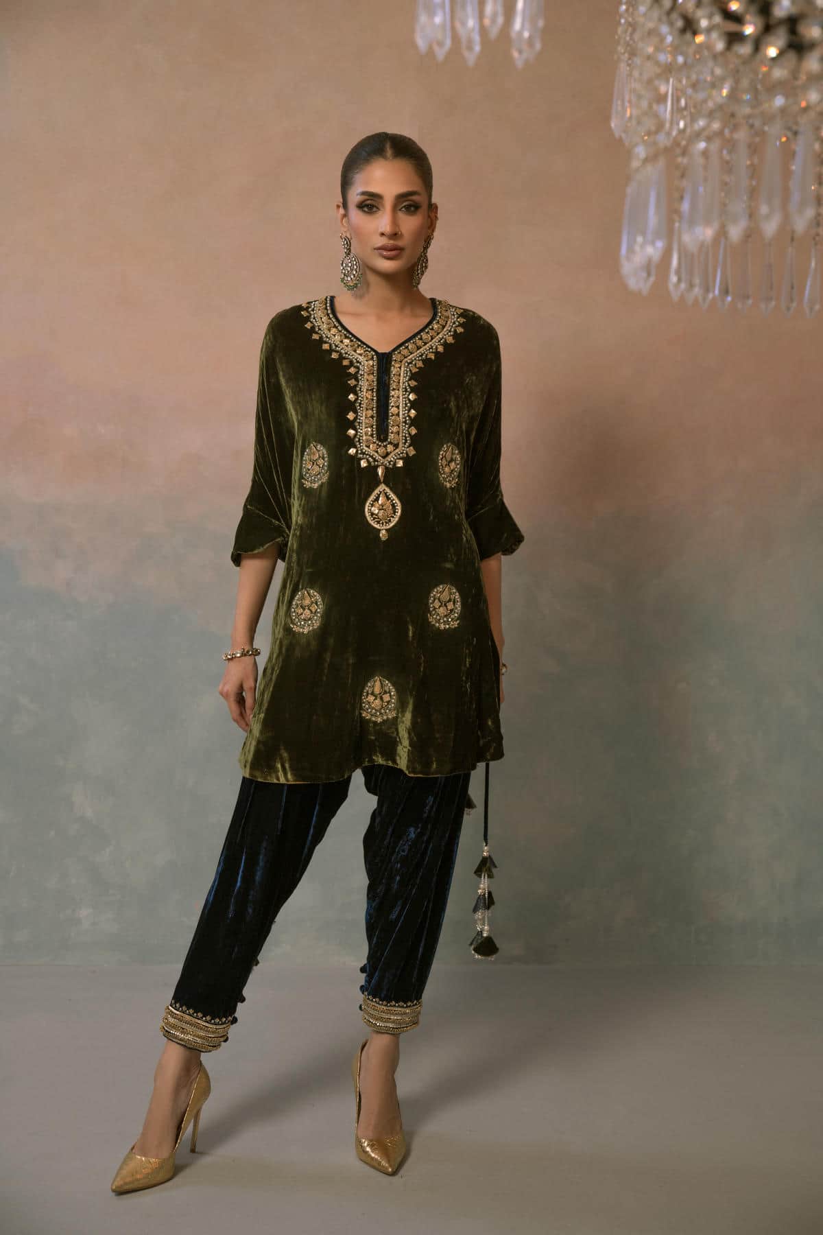 Olive Opulence Embroidered Velvet Set