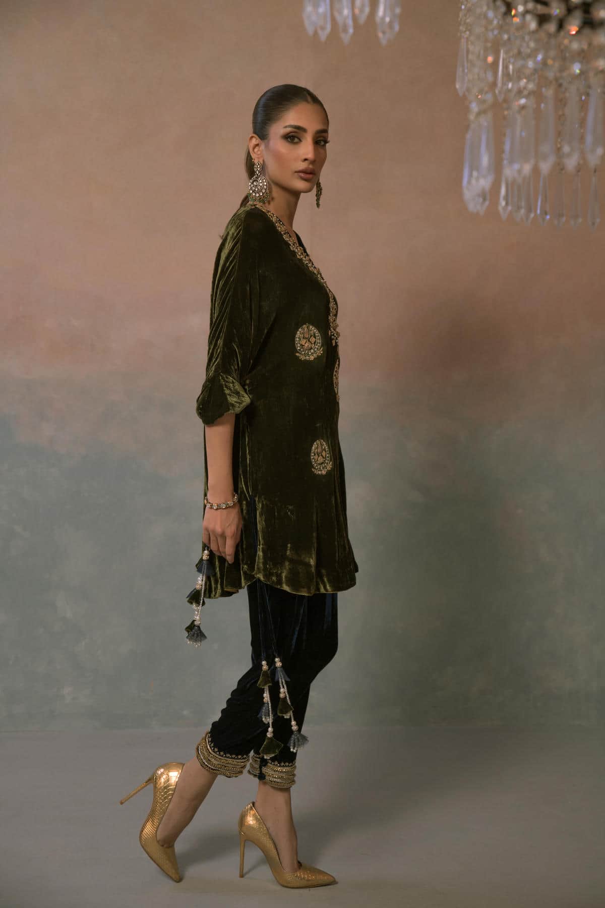Olive Opulence Embroidered Velvet Set