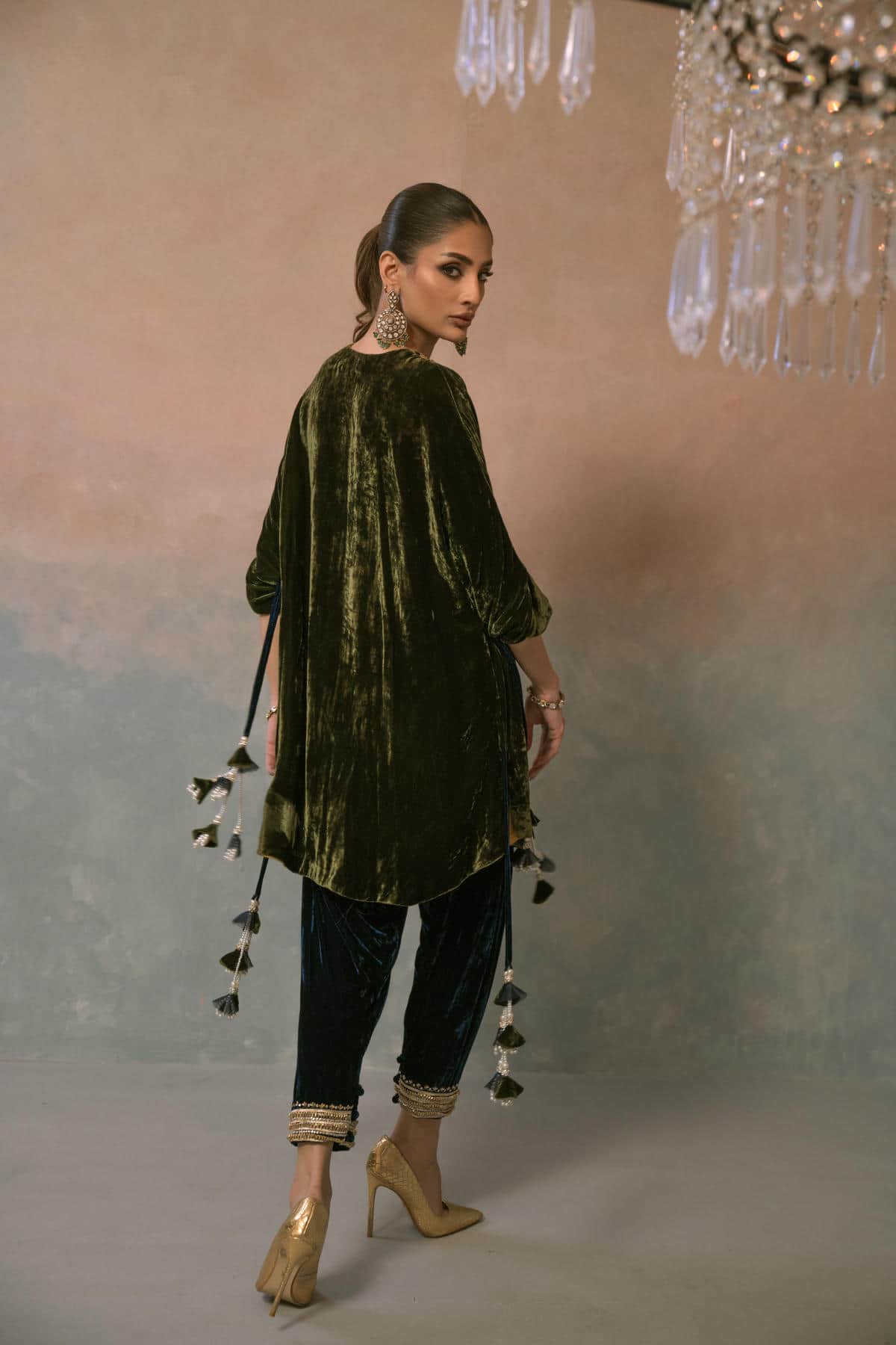 Olive Opulence Embroidered Velvet Set