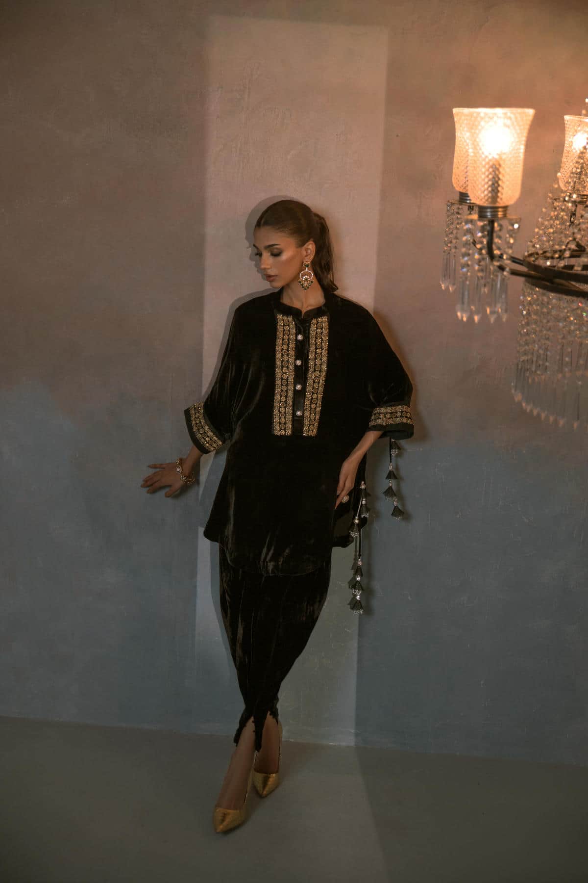 Regal Green Hand-Embroidered Velvet Ensemble