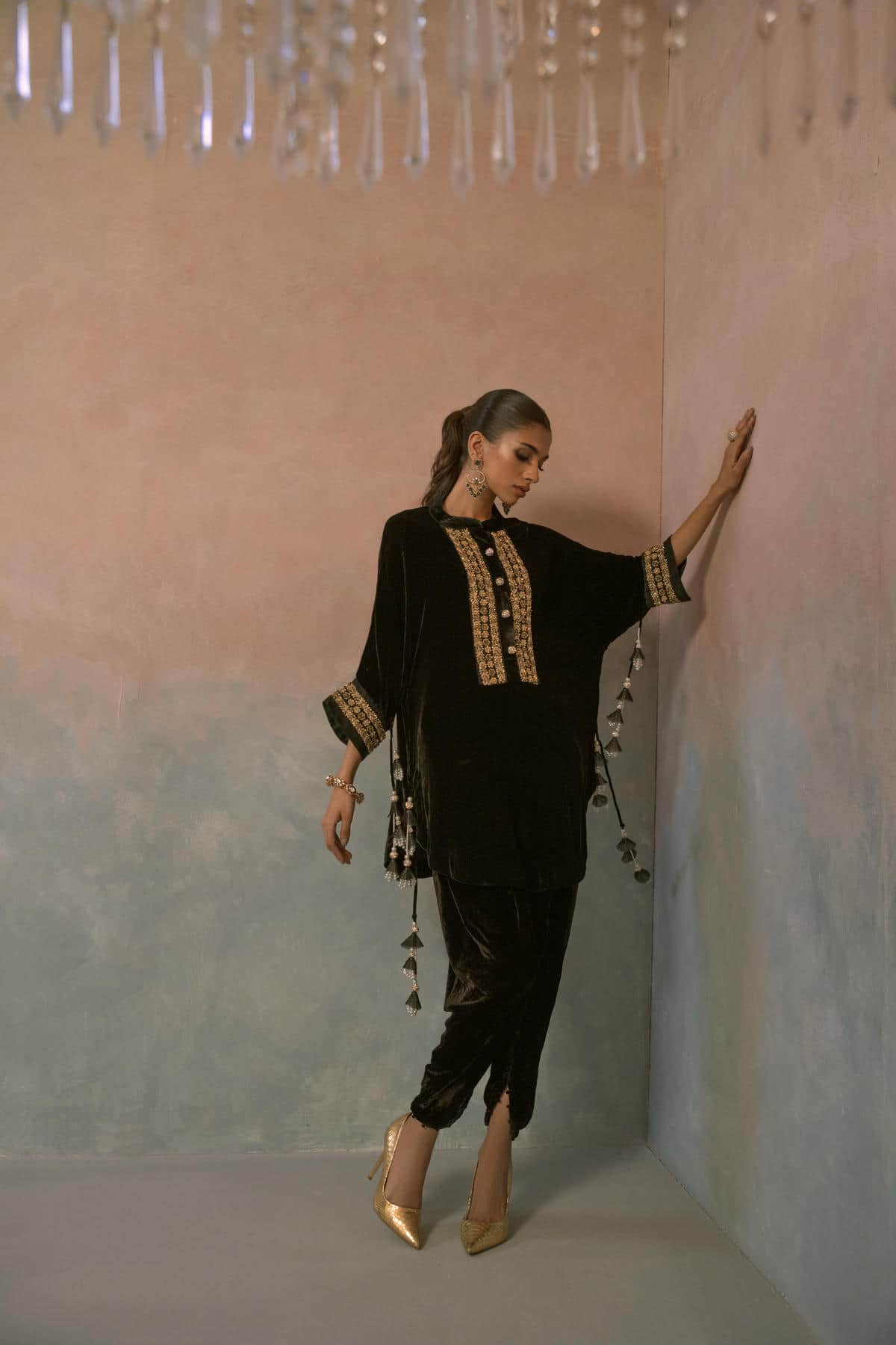 Regal Green Hand-Embroidered Velvet Ensemble