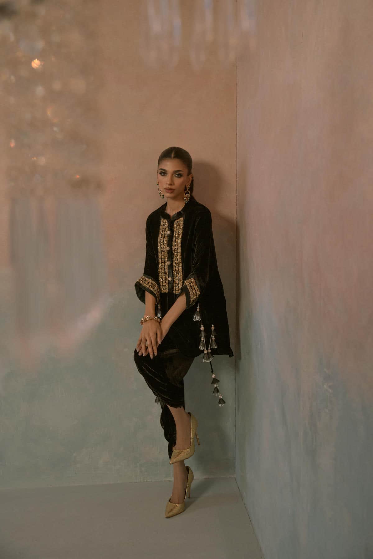 Regal Green Hand-Embroidered Velvet Ensemble