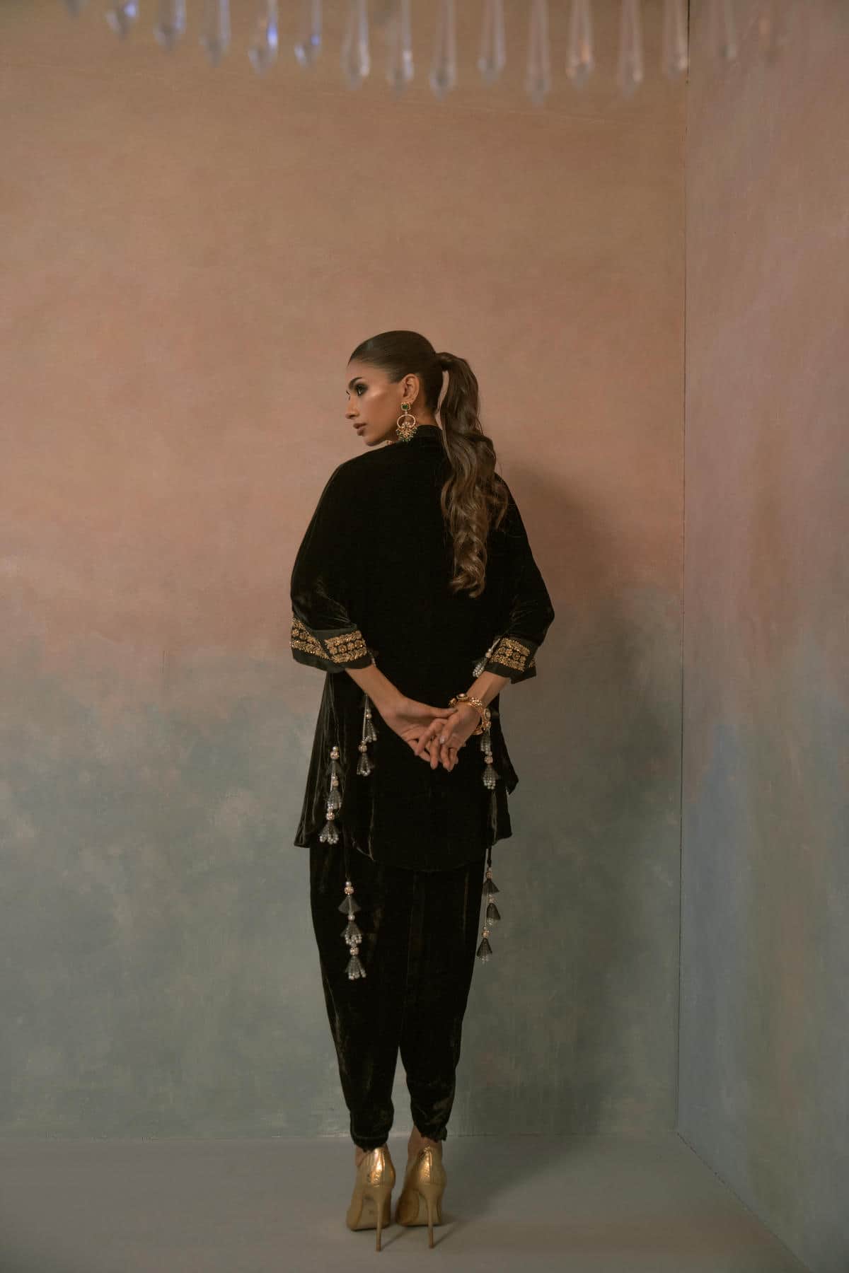 Regal Green Hand-Embroidered Velvet Ensemble
