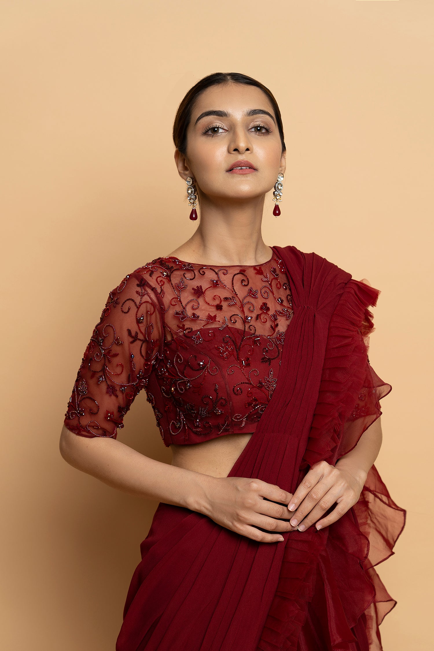 Dahlia Burgundy Pre Draped Saree