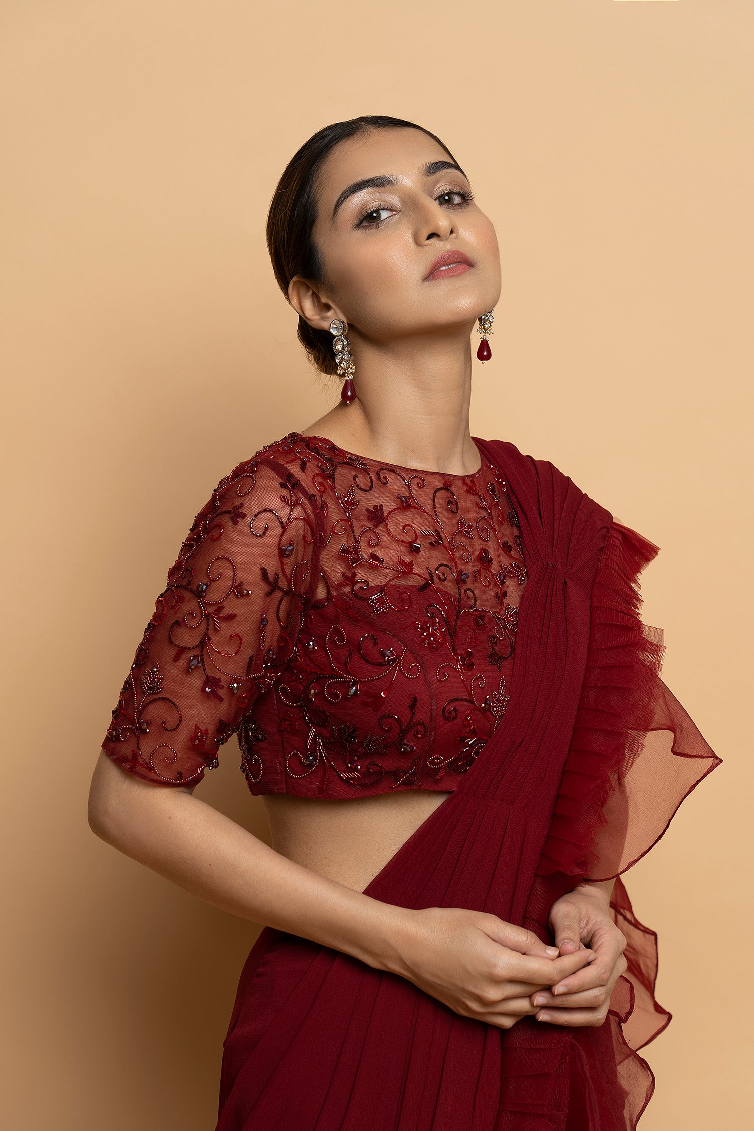 Dahlia Burgundy Pre Draped Saree