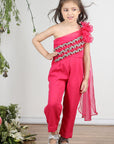 Hot Pink Off Shoulder Jumpsuit with Attach Draoe and Stone and Beads Work