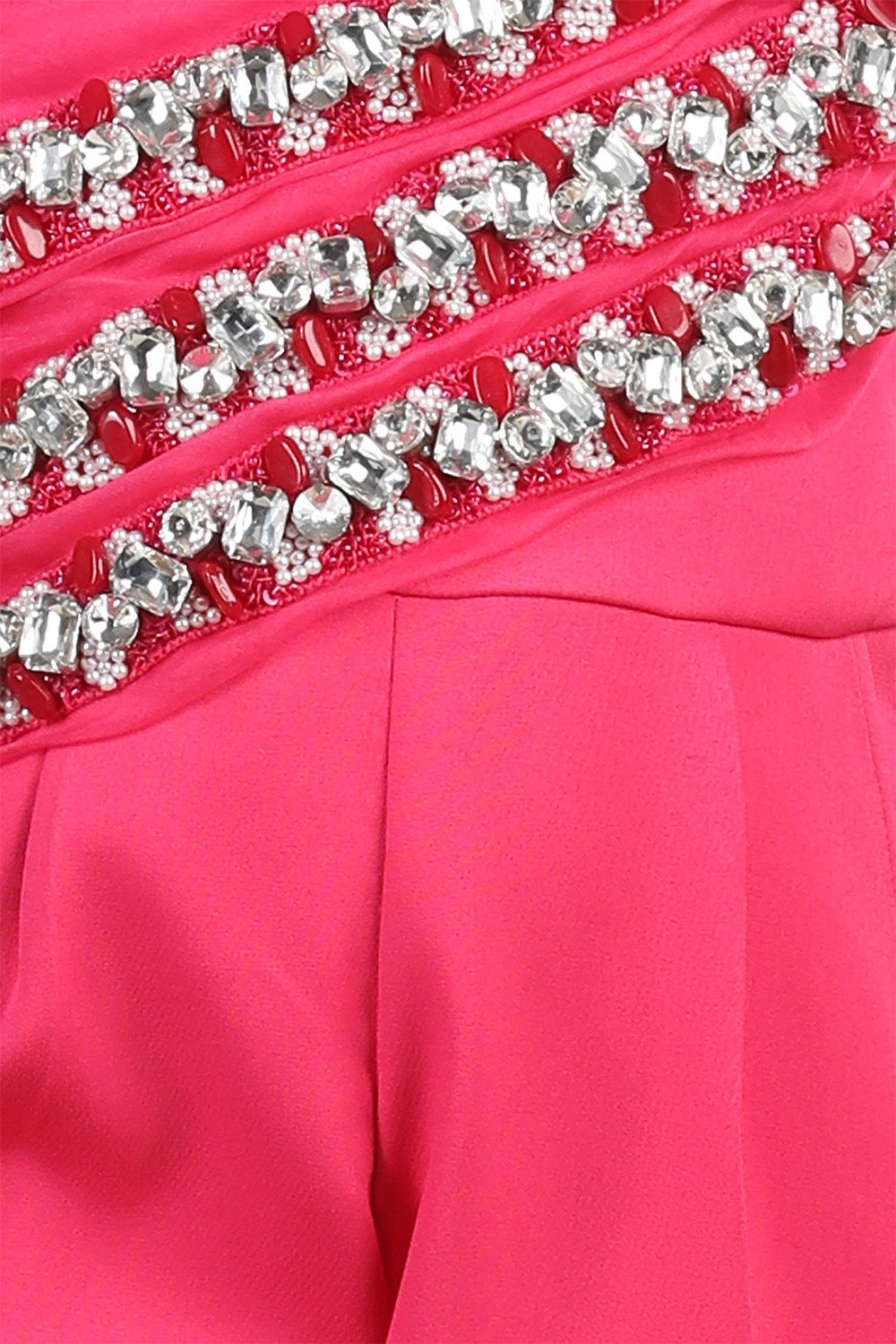 Hot Pink Off Shoulder Jumpsuit with Attach Draoe and Stone and Beads Work