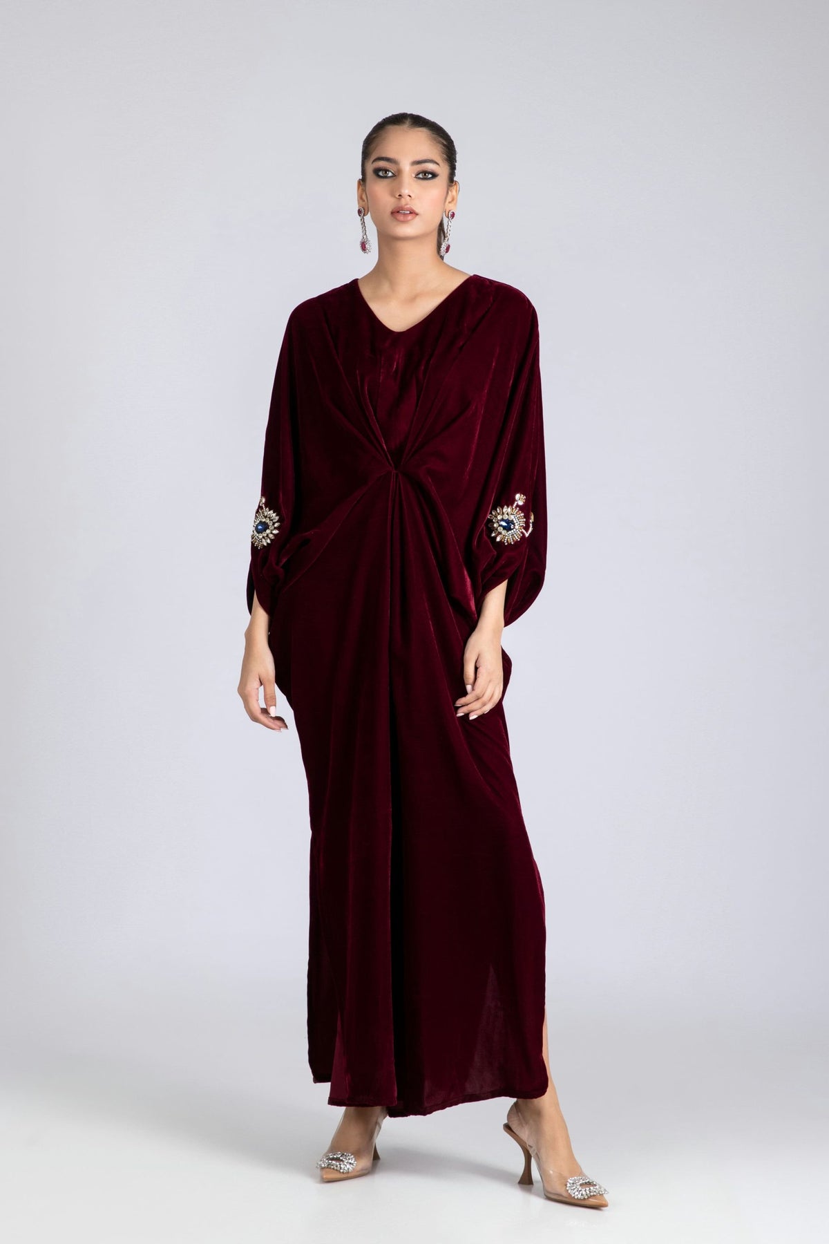 Maroon Royale Embellished Velvet Kaftan