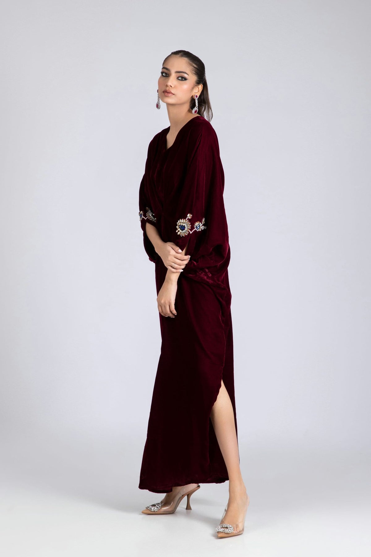Maroon Royale Embellished Velvet Kaftan