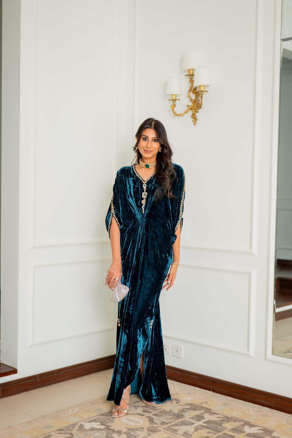 Teal Royale Embellished Velvet Kaftan Gown