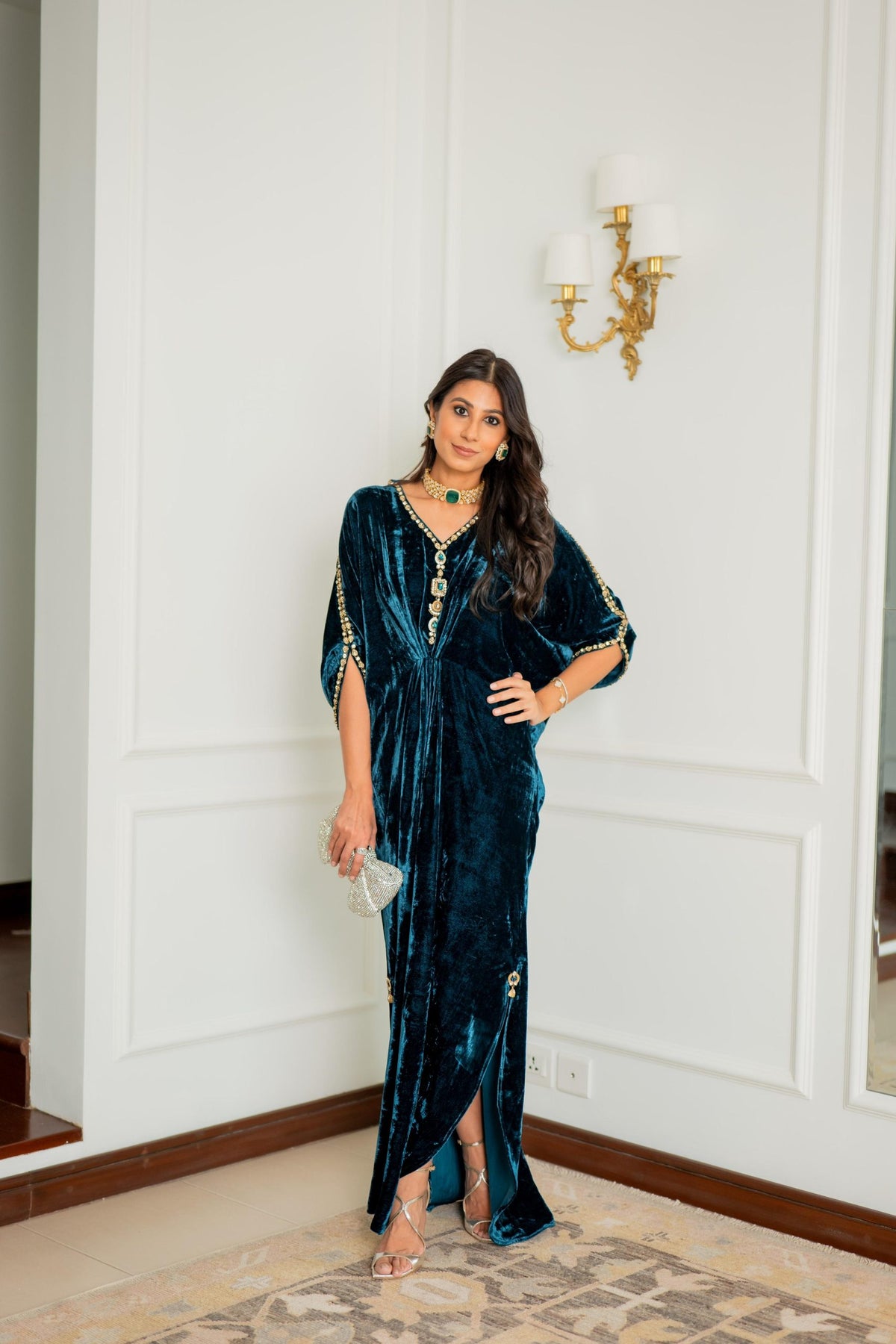 Teal Royale Embellished Velvet Kaftan Gown