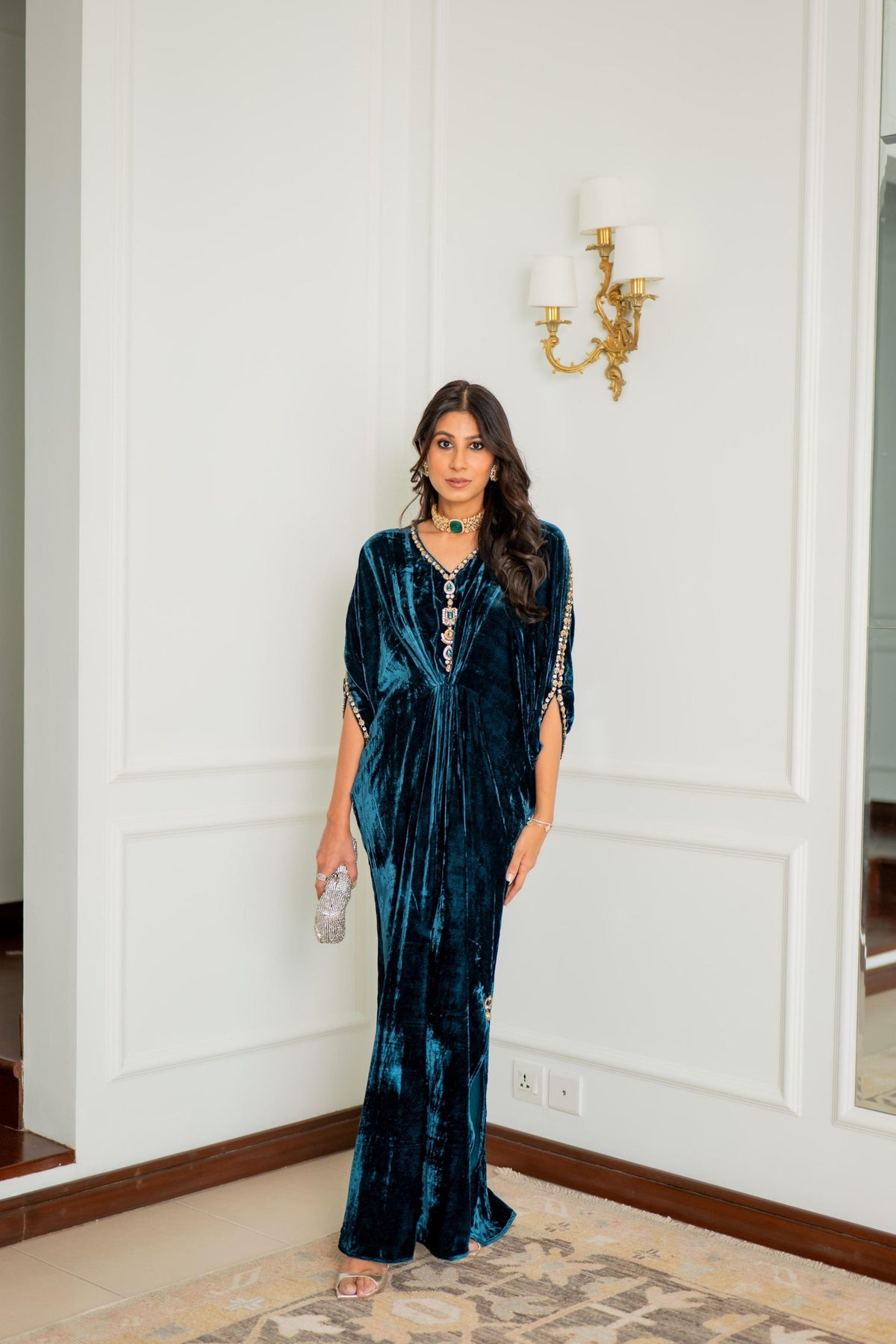 Teal Royale Embellished Velvet Kaftan Gown
