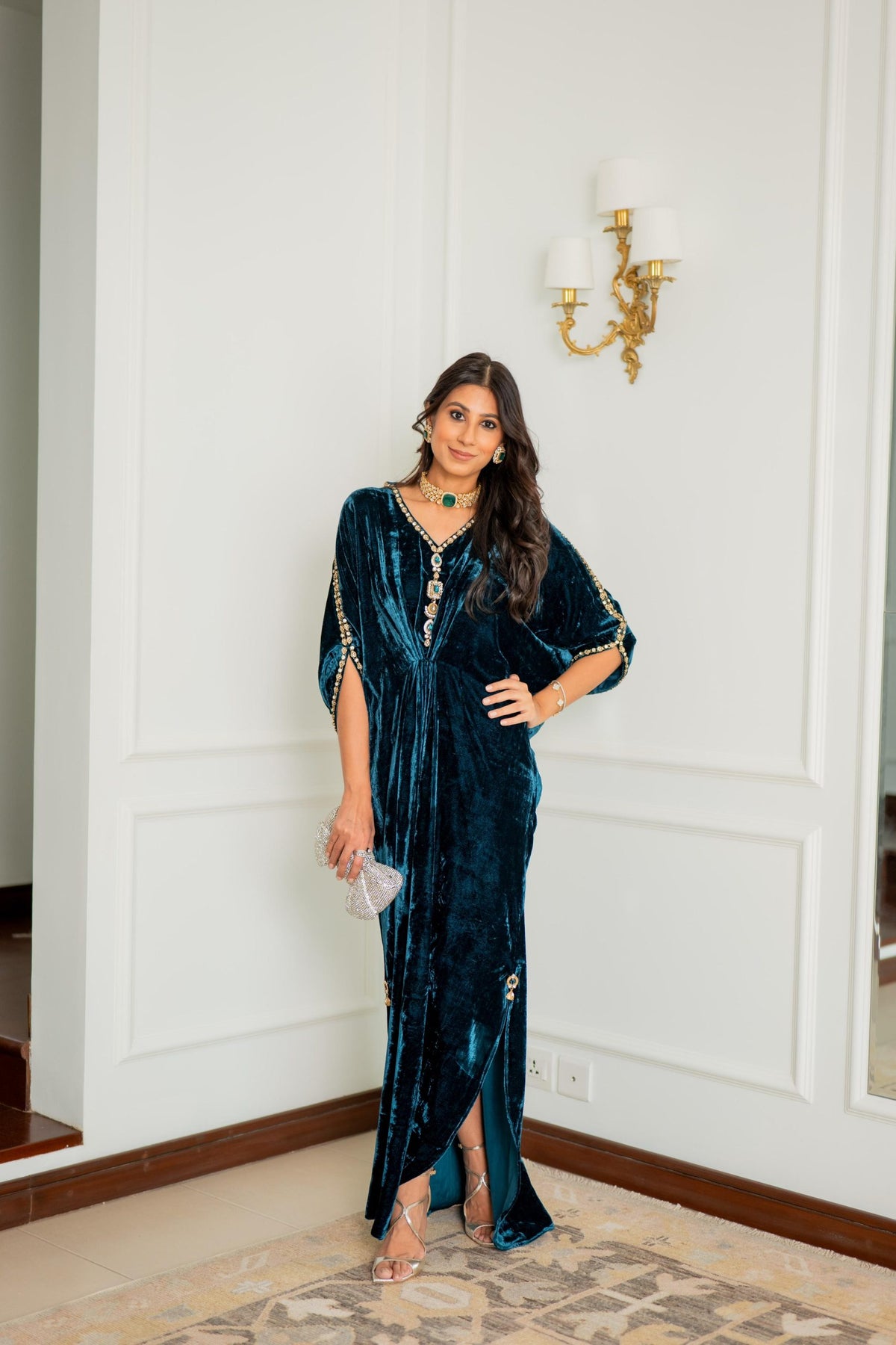 Teal Royale Embellished Velvet Kaftan Gown