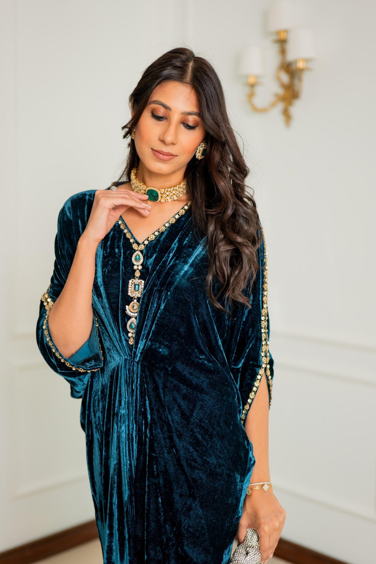 Teal Royale Embellished Velvet Kaftan Gown
