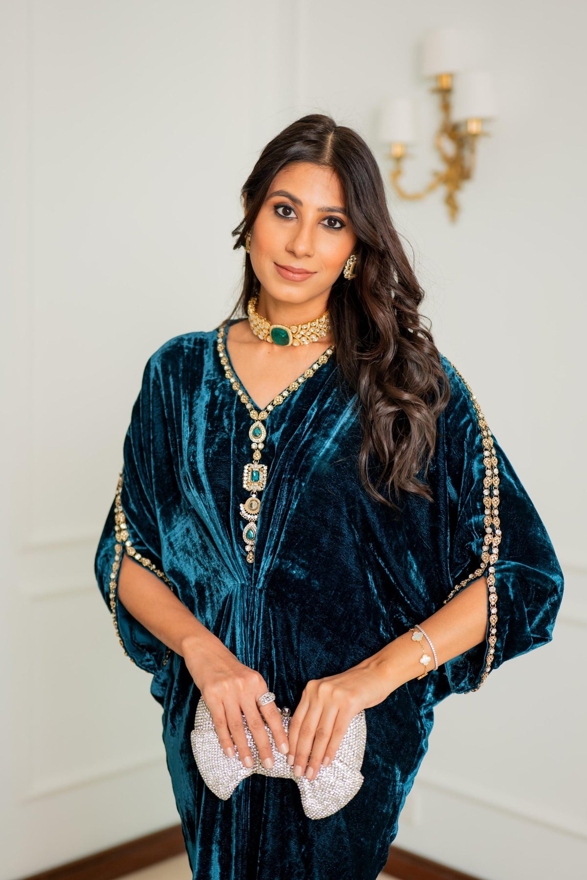 Teal Royale Embellished Velvet Kaftan Gown