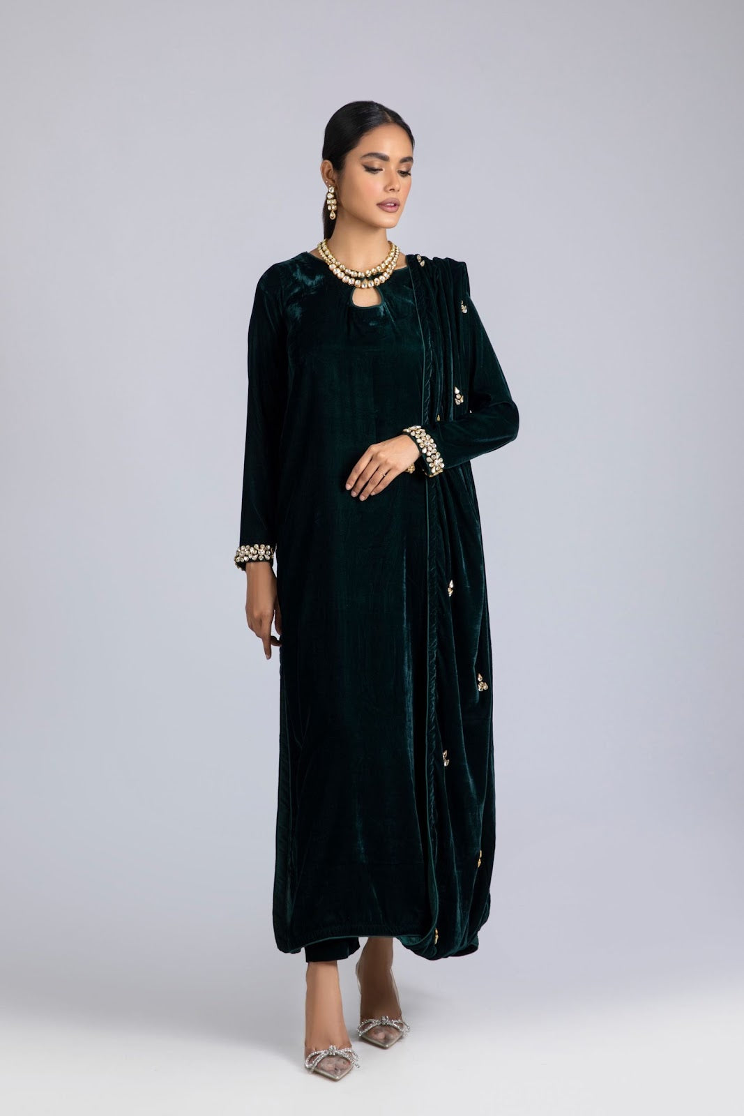 Green Velvet Drape-Detail Suit Set