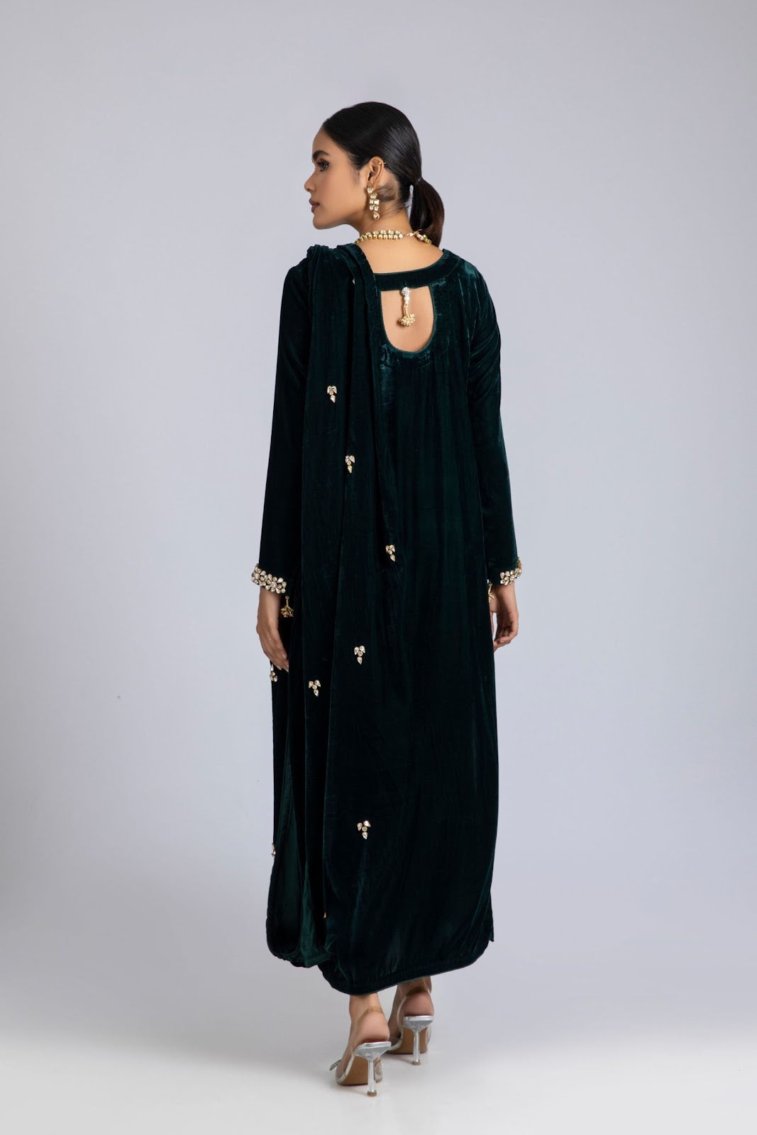 Green Velvet Drape-Detail Suit Set