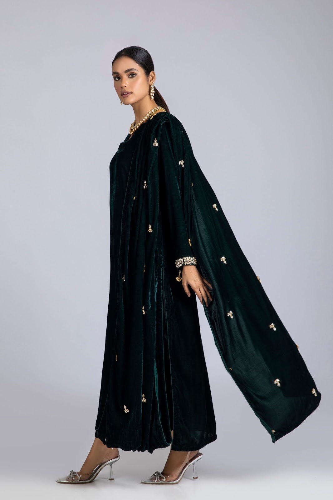 Green Velvet Drape-Detail Suit Set