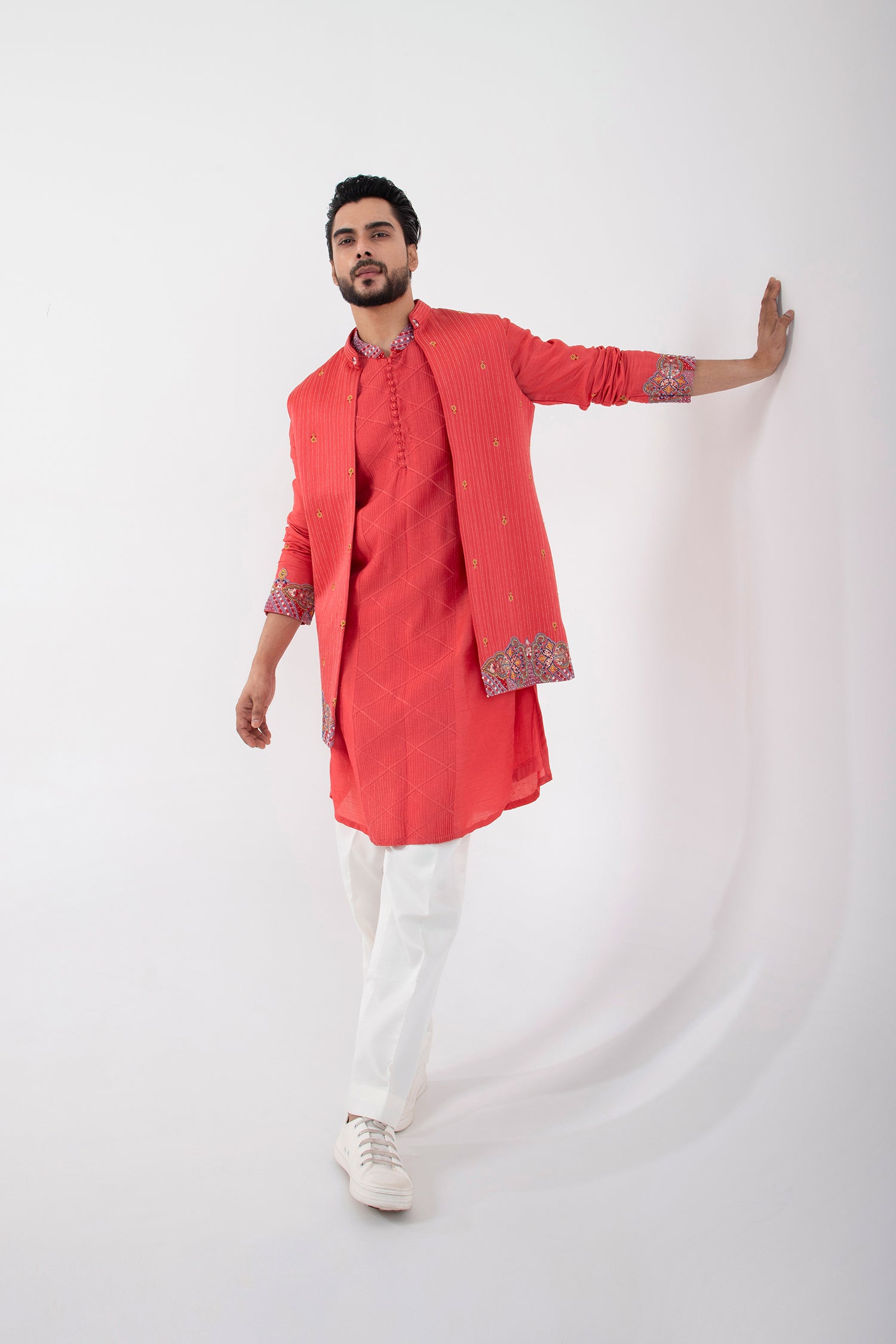 Coral Red Nehru and Kurta Set