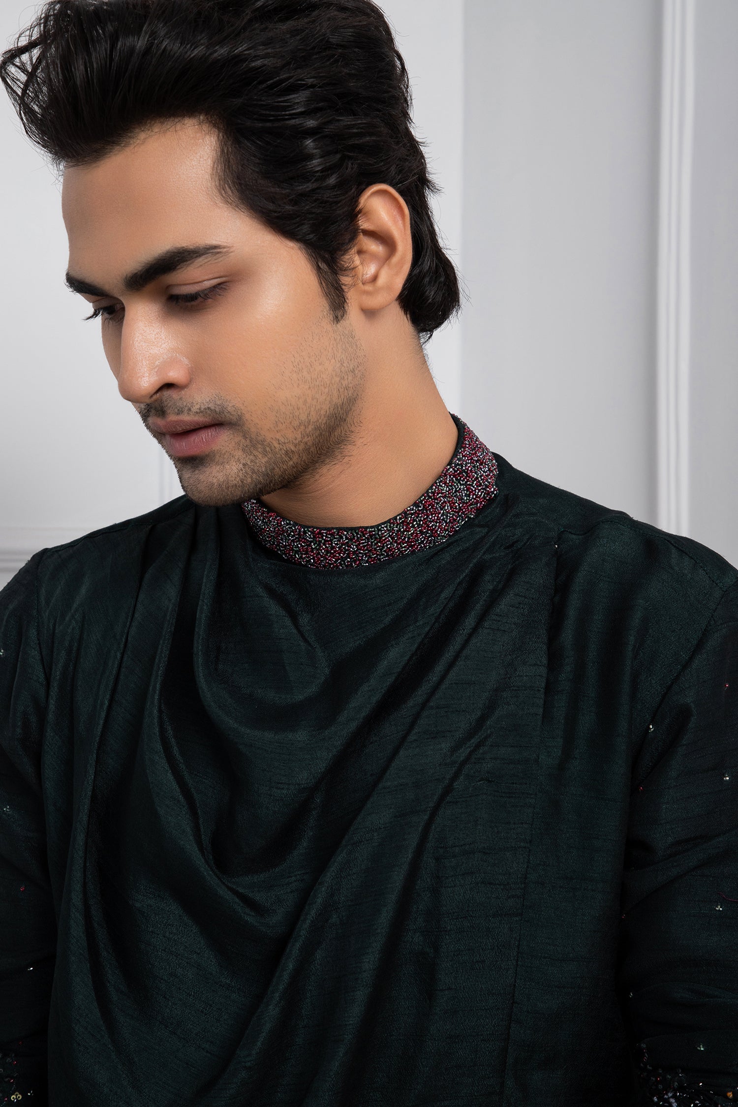 Hidden Forest Green Nehru and Cowl Kurta Set