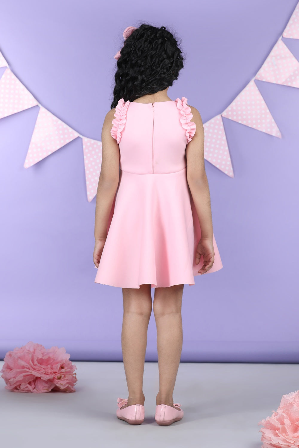 Dress with Embroiderd Flower Patches and Frill On Armhole
