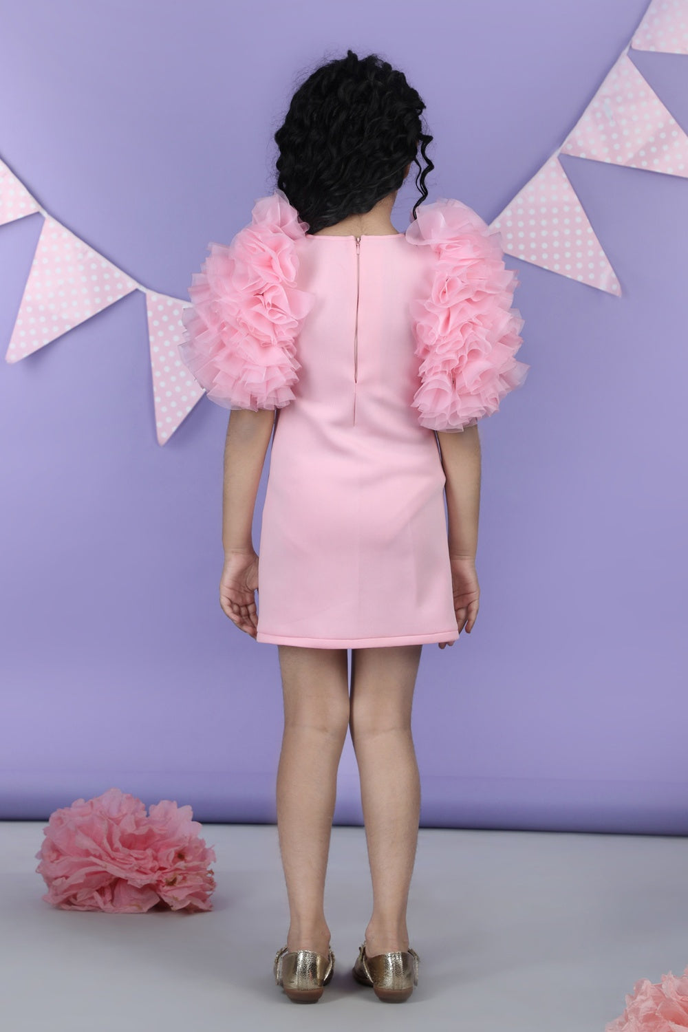 Straight Dress Embellisdhed with Bunch Of 3D Fabric Flowers In Sleeves